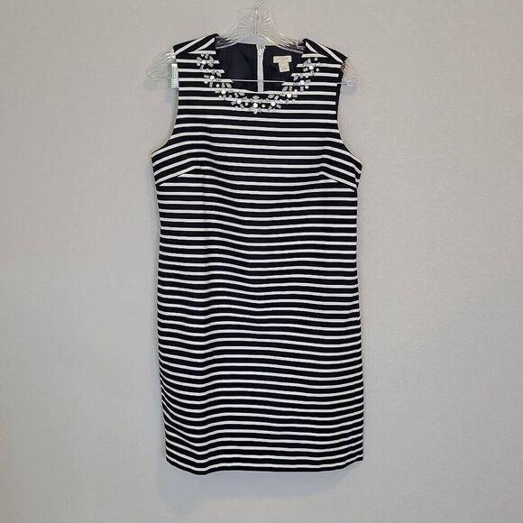 J.Crew Dresses & Skirts - J. Crew Navy Blue White Striped Embellished Sheath Casual Dress Size 8